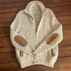Vintage Sears Wool beige chunky knit fisherman sweater with suede patches